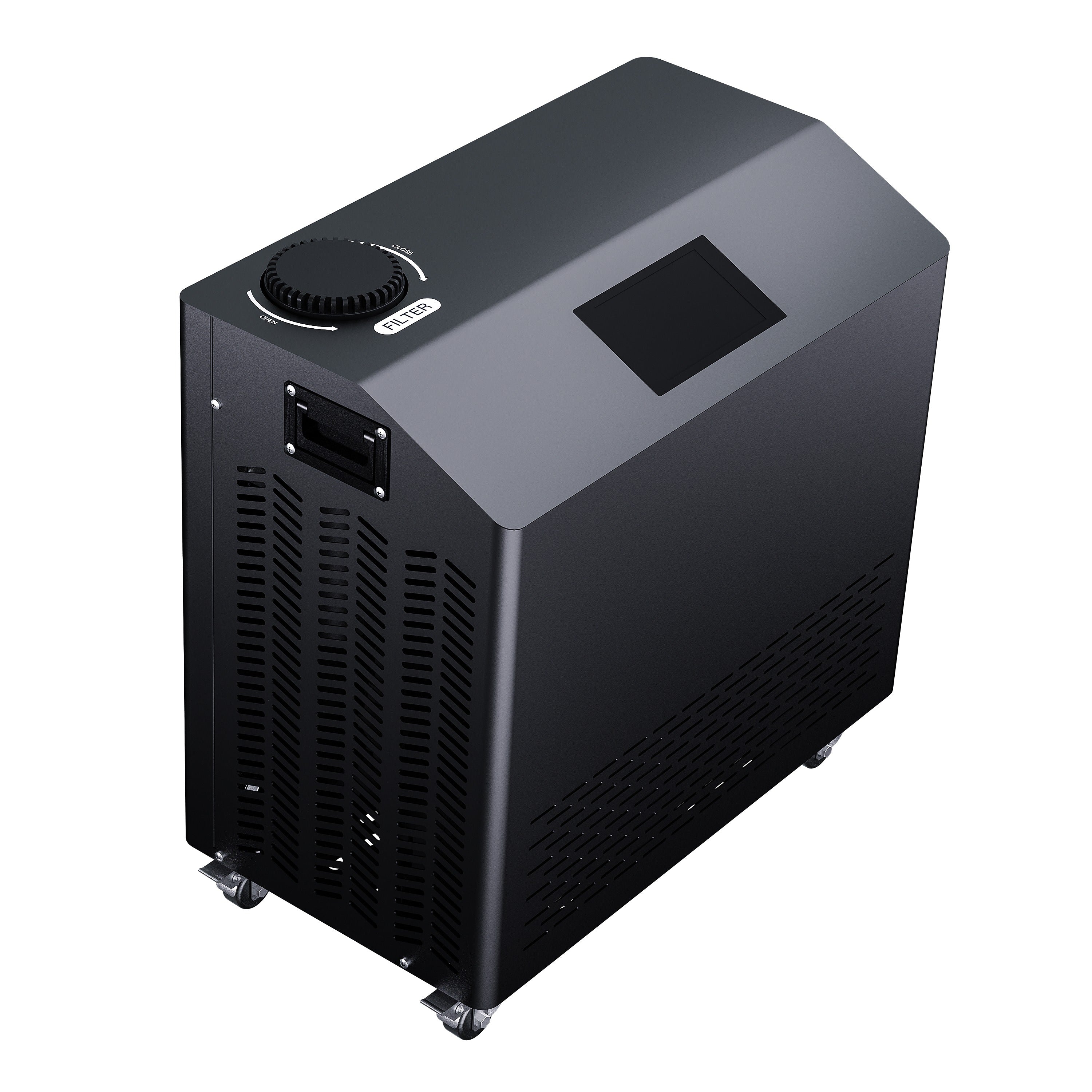 Black industrial water chiller unit with digital display on a white background